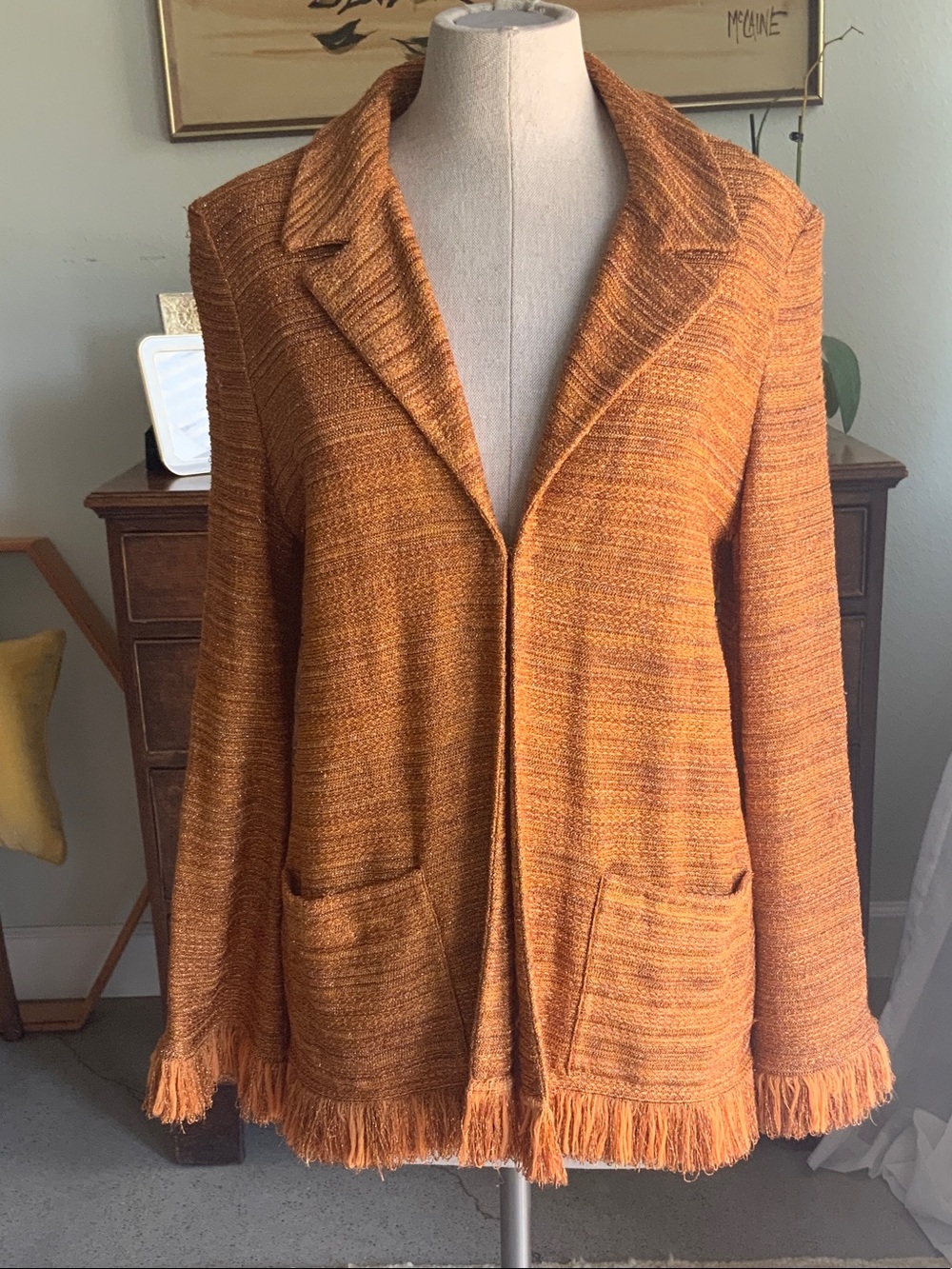 St. John Fringed Open-Front Cardigan in Burnt Orange Sparkle into Fall✨🍁